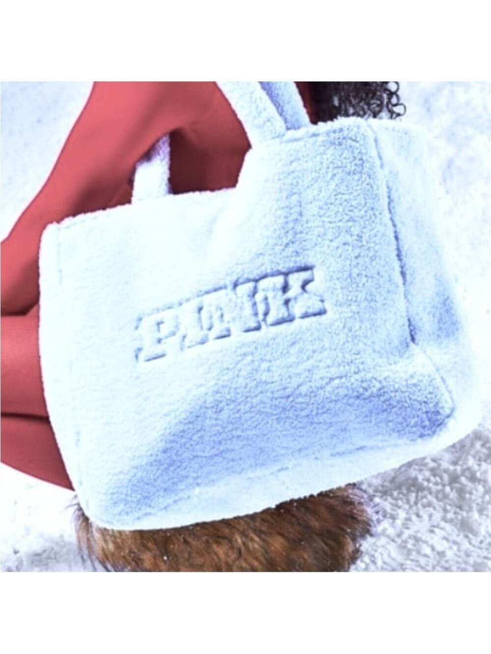 Victoria's Secret PINK COZY FLEECE TOTE LIGHT BLUE Sherpa Plush Fuzzy